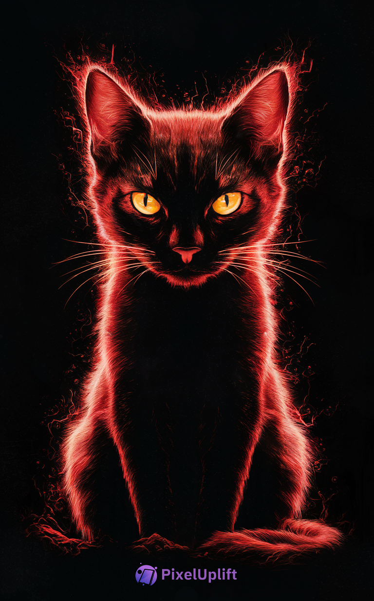 Black cat phone wallpaper with glowing yellow eyes and fiery red accents on a black background
