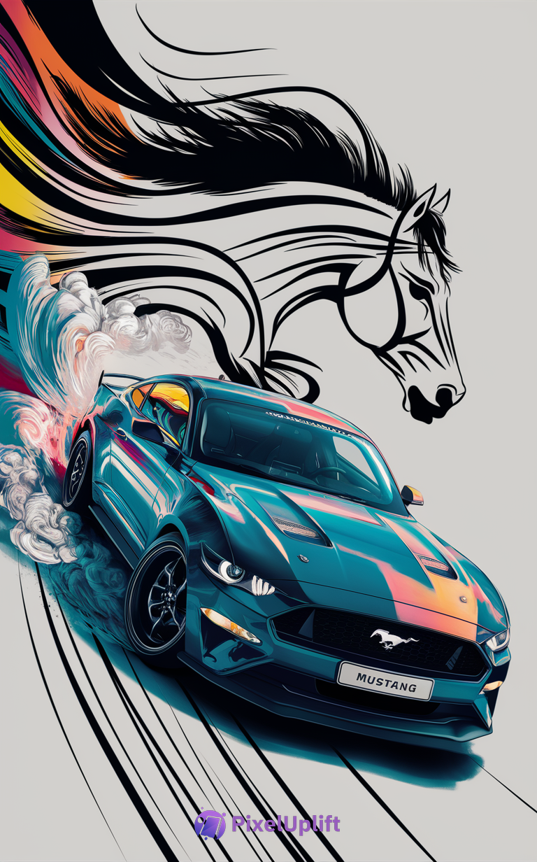 Blue Ford Mustang drifting left with smoke and colorful horse emblem streaks, dynamic phone wallpaper