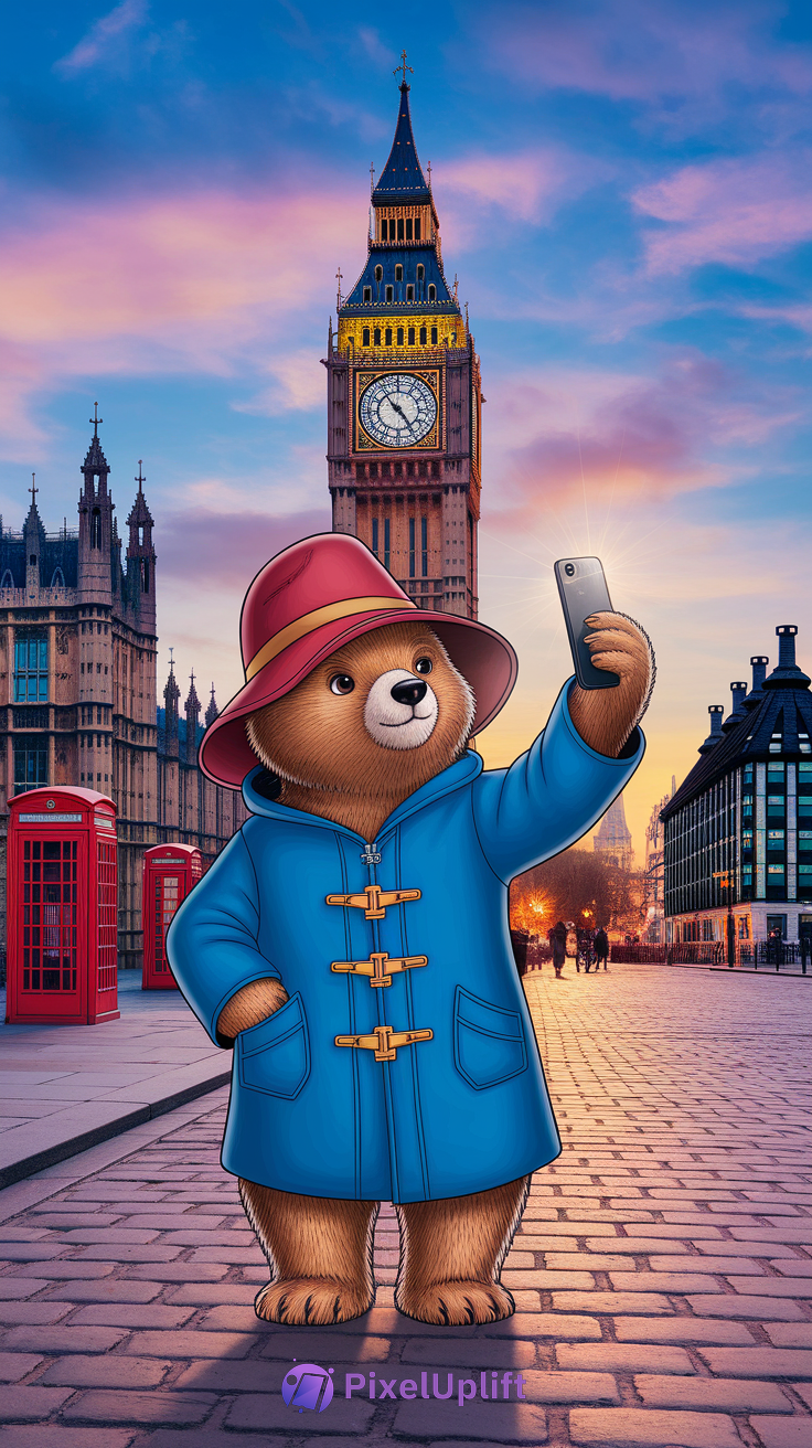 Anthropomorphic bear in blue coat and red hat taking a selfie on cobblestone street with Big Ben and red telephone booths at twilight London