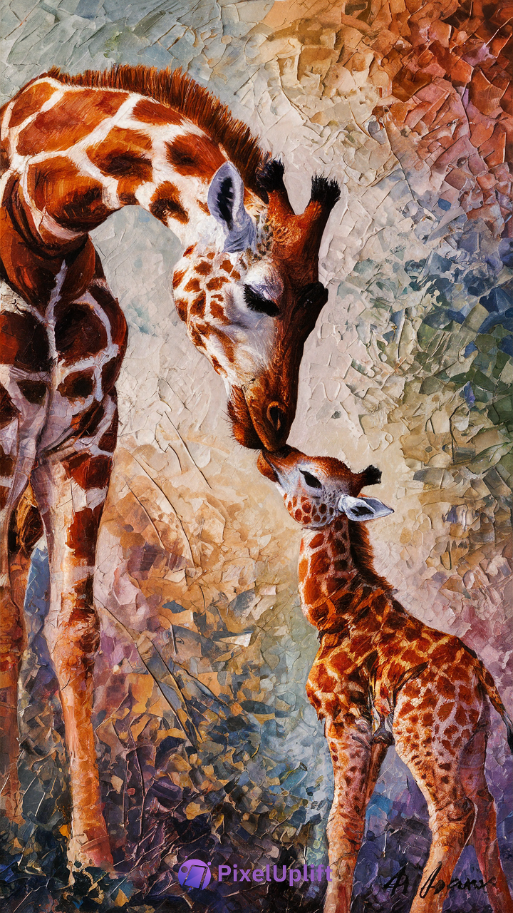 Colorful painting of an adult giraffe gently touching noses with a baby giraffe on a textured blue, beige, and orange background