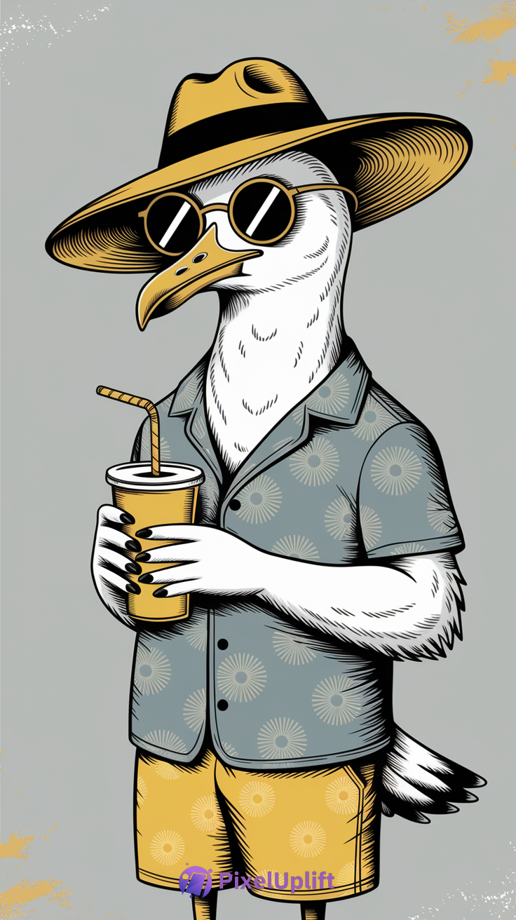 Illustration of an anthropomorphic seagull wearing a tan wide-brimmed hat, black sunglasses, blue patterned shirt, and yellow shorts holding a yellow cup, on muted gray background