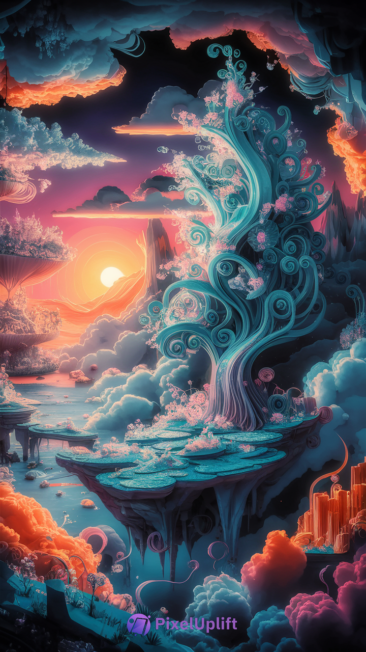 Fantastical dreamlike landscape phone wallpaper with spiraled tree, pink blossoms, floating lily pads, and glowing sunset