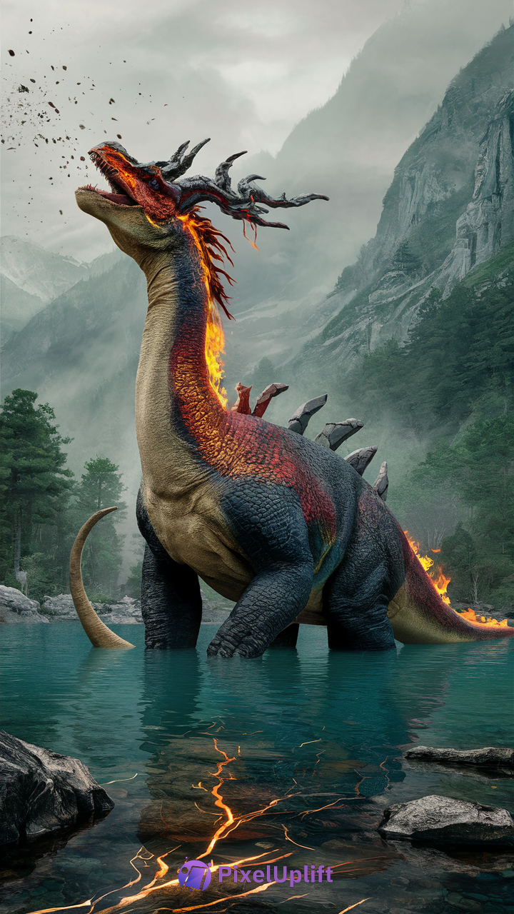 Fiery volcanic dinosaur with glowing molten veins standing in water surrounded by mountains and forest phone wallpaper
