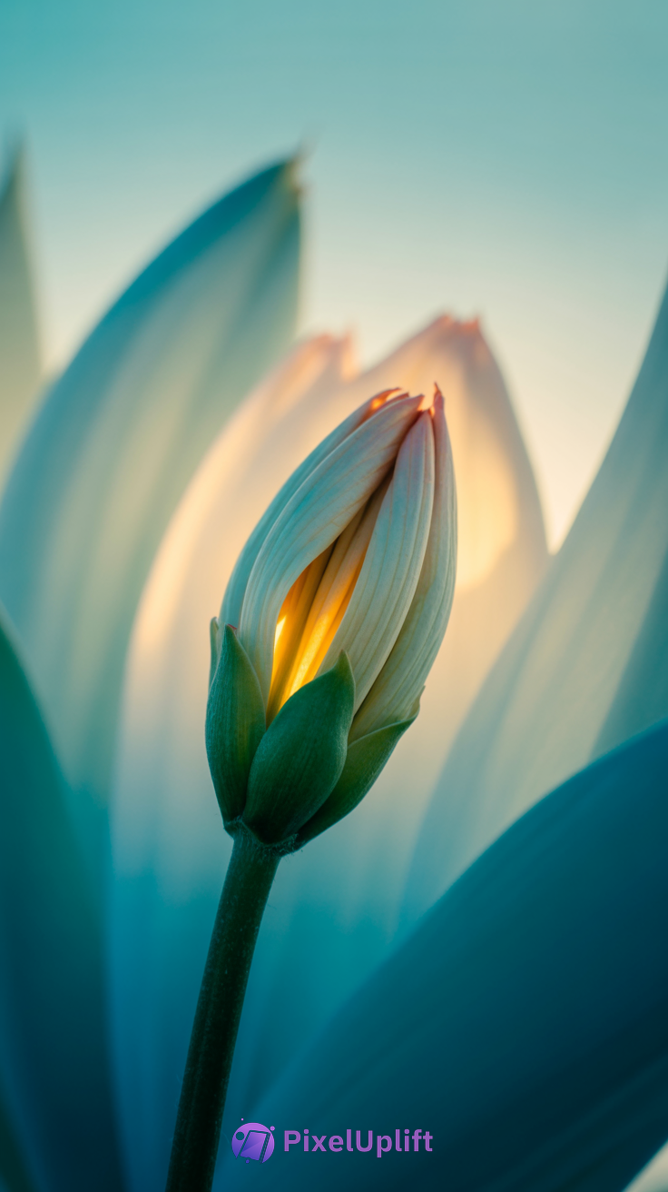 Close-up of a glowing flower bud illuminated by sunlight with soft green and pale blue tones, perfect as phone wallpaper