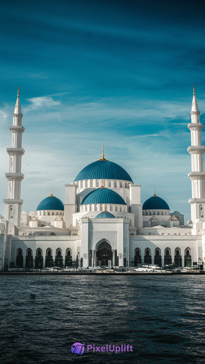 Grand mosque with blue domes and golden finials, white stone facade, tall minarets, and reflective water under clear sky phone wallpaper