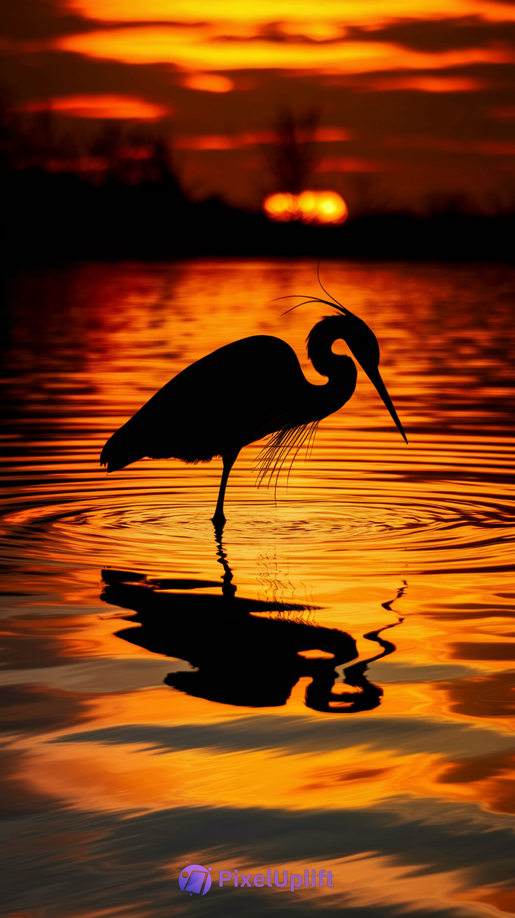 Silhouette of a heron standing in shallow water during a vibrant orange and red sunset with reflections on water