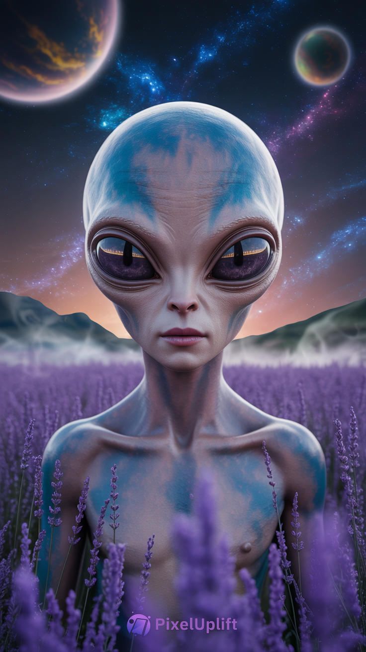 Humanoid alien with large dark eyes standing in a purple lavender field under a dark starry sky with nebulae and two planets