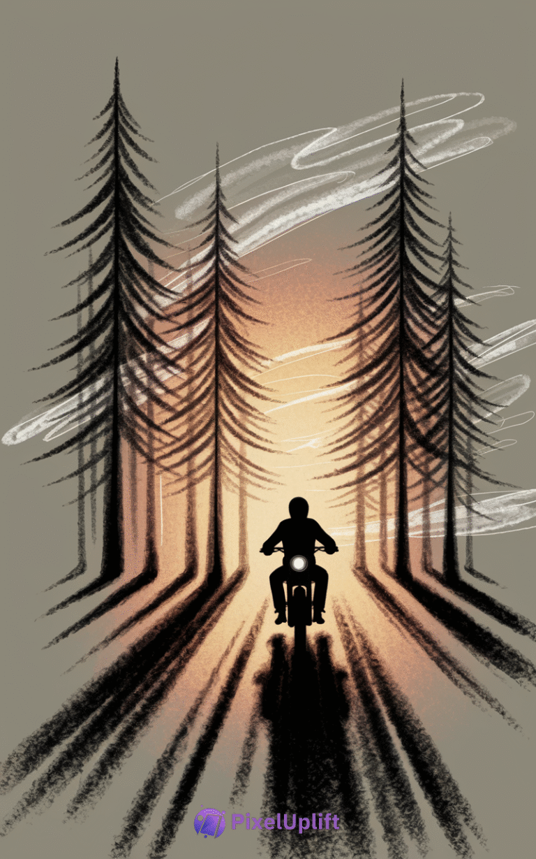 Artistic phone wallpaper of a lone motorcyclist riding down a forest path at sunrise with tall slender trees casting shadows
