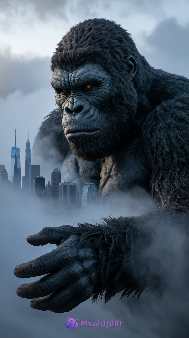 Massive gorilla-like creature with dark fur and orange eyes towering over misty city skyline with modern skyscrapers