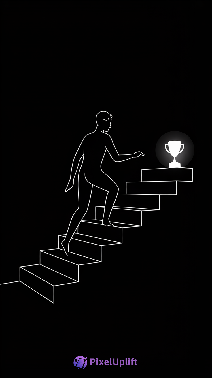 Minimalist black and white line drawing of a person ascending stairs towards a glowing trophy, symbolizing progress and achievement phone wallpaper