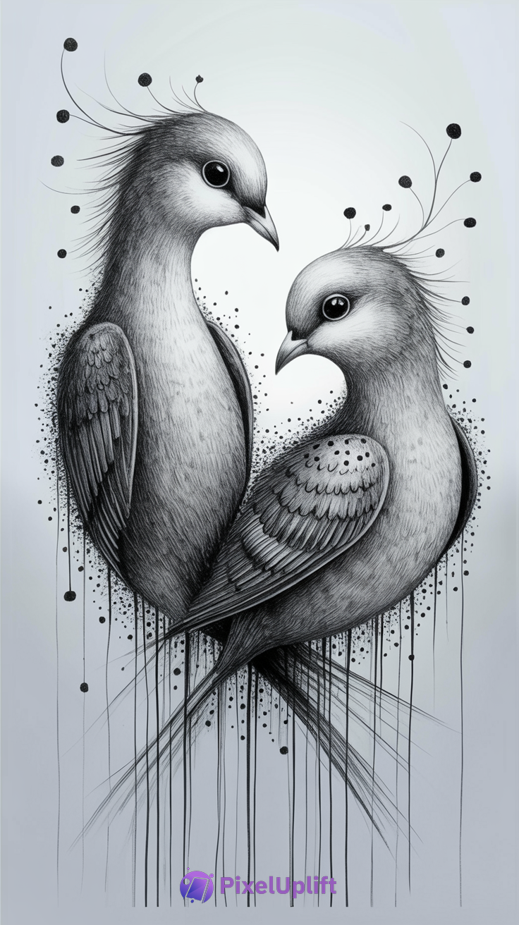 Monochromatic detailed drawing of two stylized birds facing each other with large eyes and dripping effect on a light gradient background