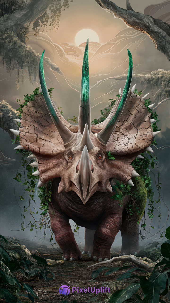 Mystical triceratops with emerald green horns standing in a misty forest with glowing sun or moon background
