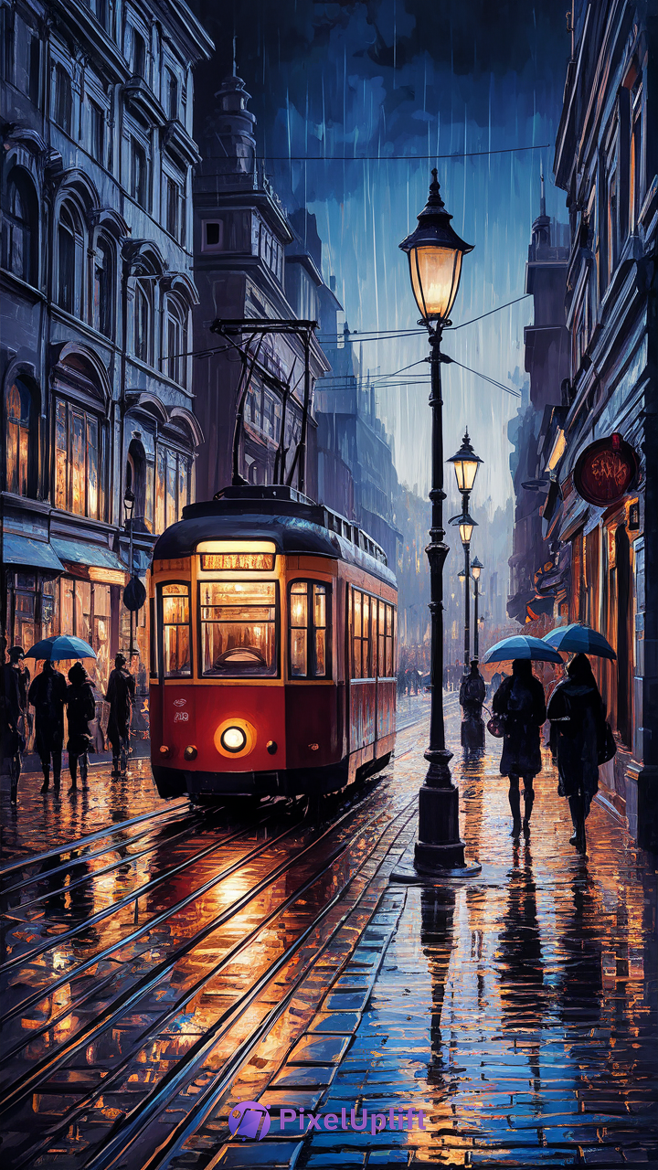 Rainy evening city street with vintage red tram, wet reflective pavement, warm street lamps, and people with umbrellas