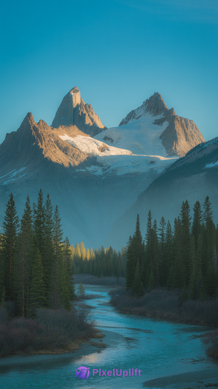 Scenic mountain river landscape with evergreen trees and snow-capped peaks under clear blue sky phone wallpaper