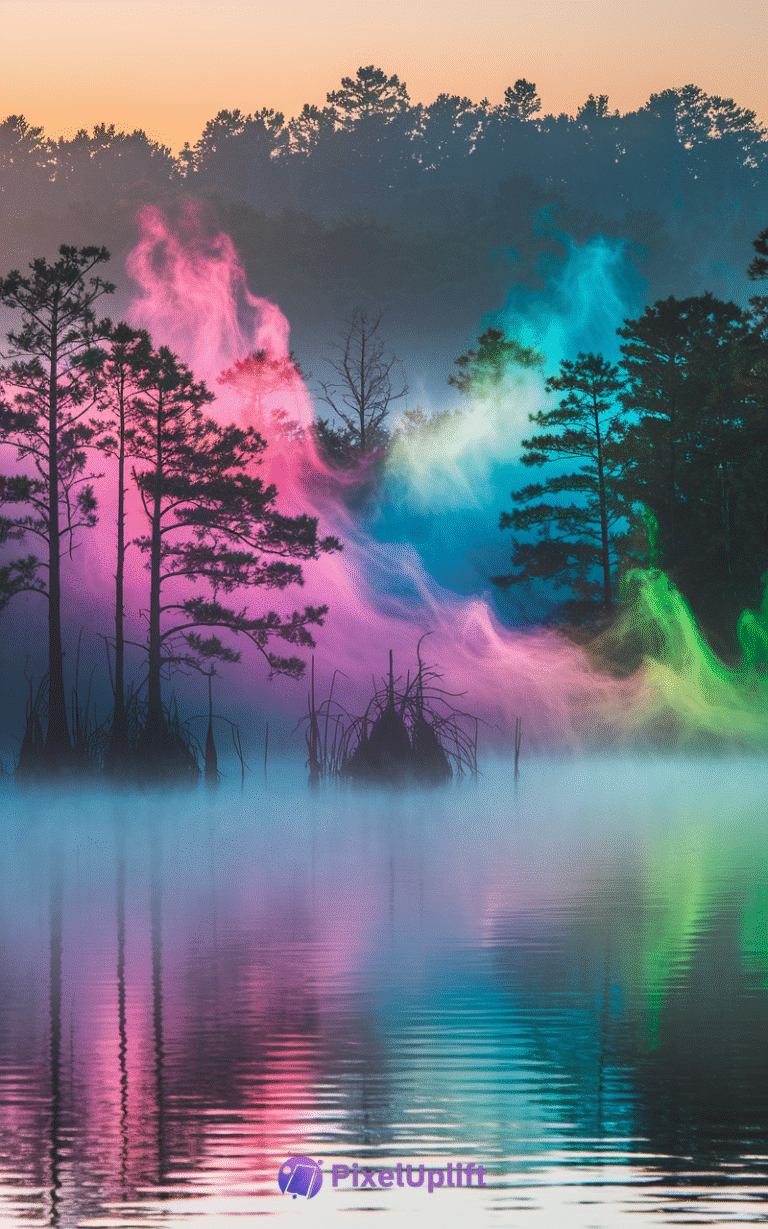 Serene lakeside phone wallpaper with colorful fog swirling among silhouetted trees at dawn