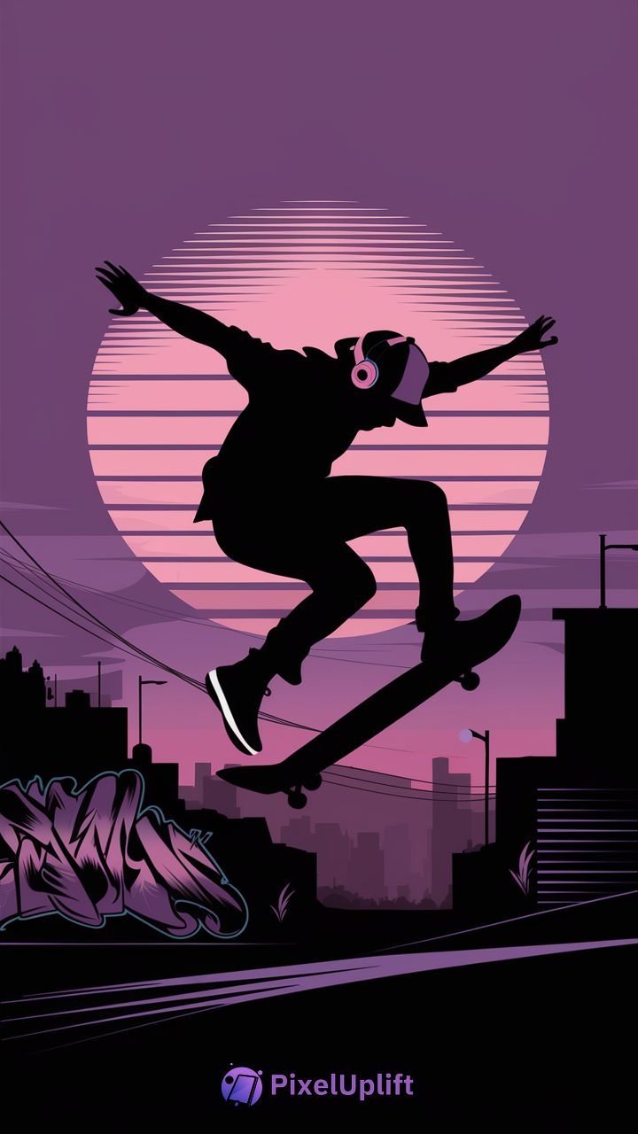 Silhouette of a skateboarder mid-jump with headphones and cap against a pink striped sun and purple sky, urban cityscape and graffiti in the background