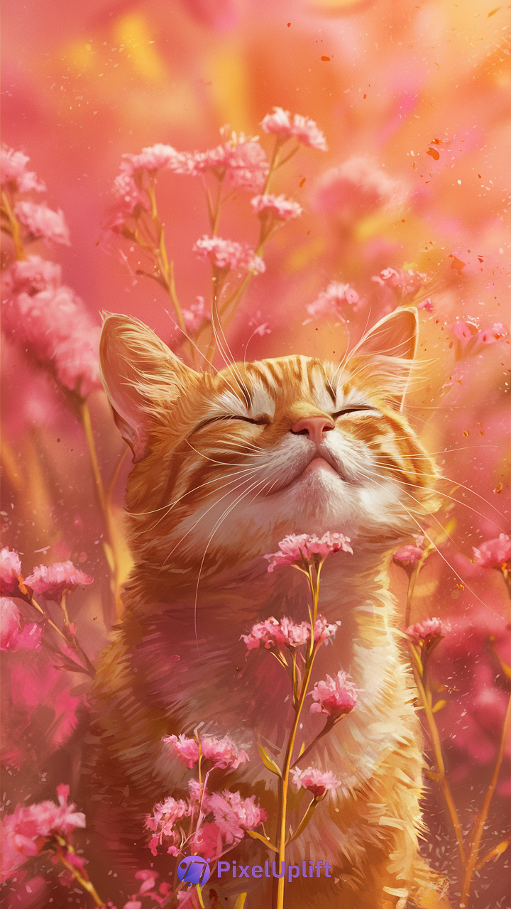 Smiling orange tabby cat with eyes closed surrounded by soft pink flowers phone wallpaper