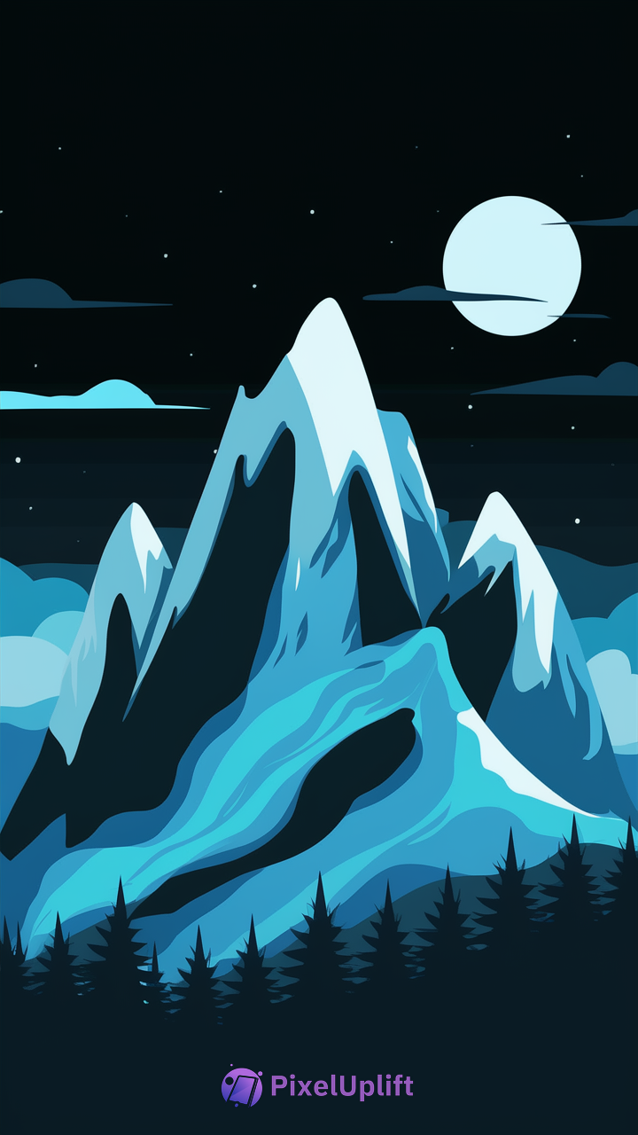 Stylized digital illustration of a mountain range at night with jagged snow-covered peaks, pine tree silhouettes, starry black sky, and glowing full moon