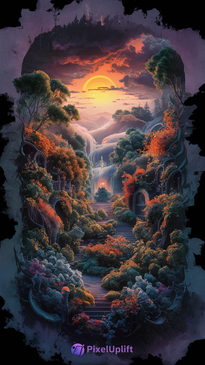 Surreal magical garden landscape phone wallpaper with vibrant foliage, hobbit-style doorways, cascading waterfalls, and glowing golden sunset