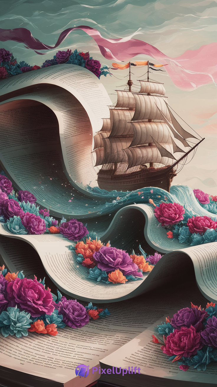 Surreal phone wallpaper showing an open book with pages flowing like ocean waves, a wooden sailing ship sailing through text waves, colorful flowers growing on pages, and soft pink ribbons fluttering above