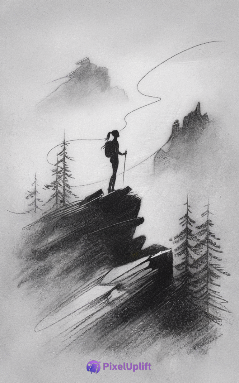 Monochromatic pencil sketch of a solitary hiker standing on a rocky mountain ledge surrounded by pine trees and misty peaks
