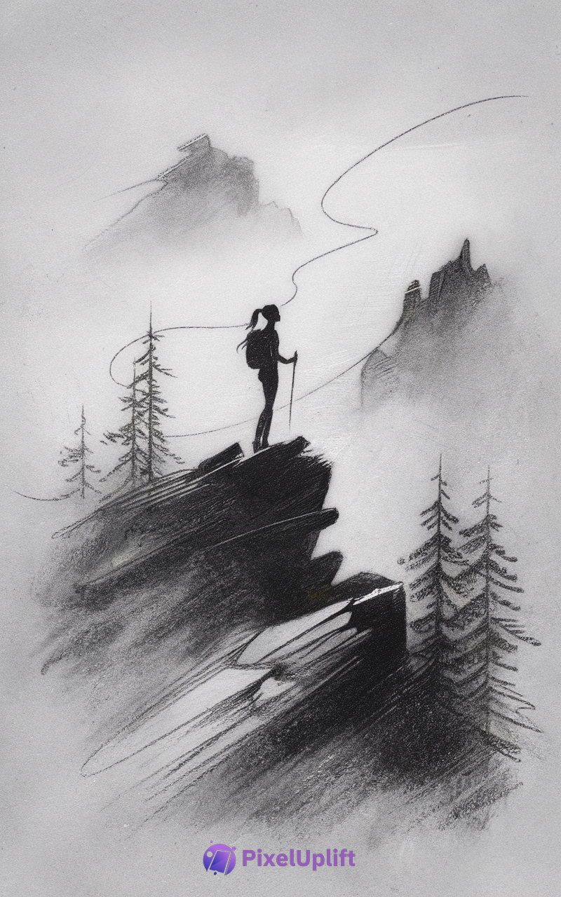 Monochromatic pencil sketch of a solitary hiker standing on a rocky mountain ledge surrounded by pine trees and misty peaks