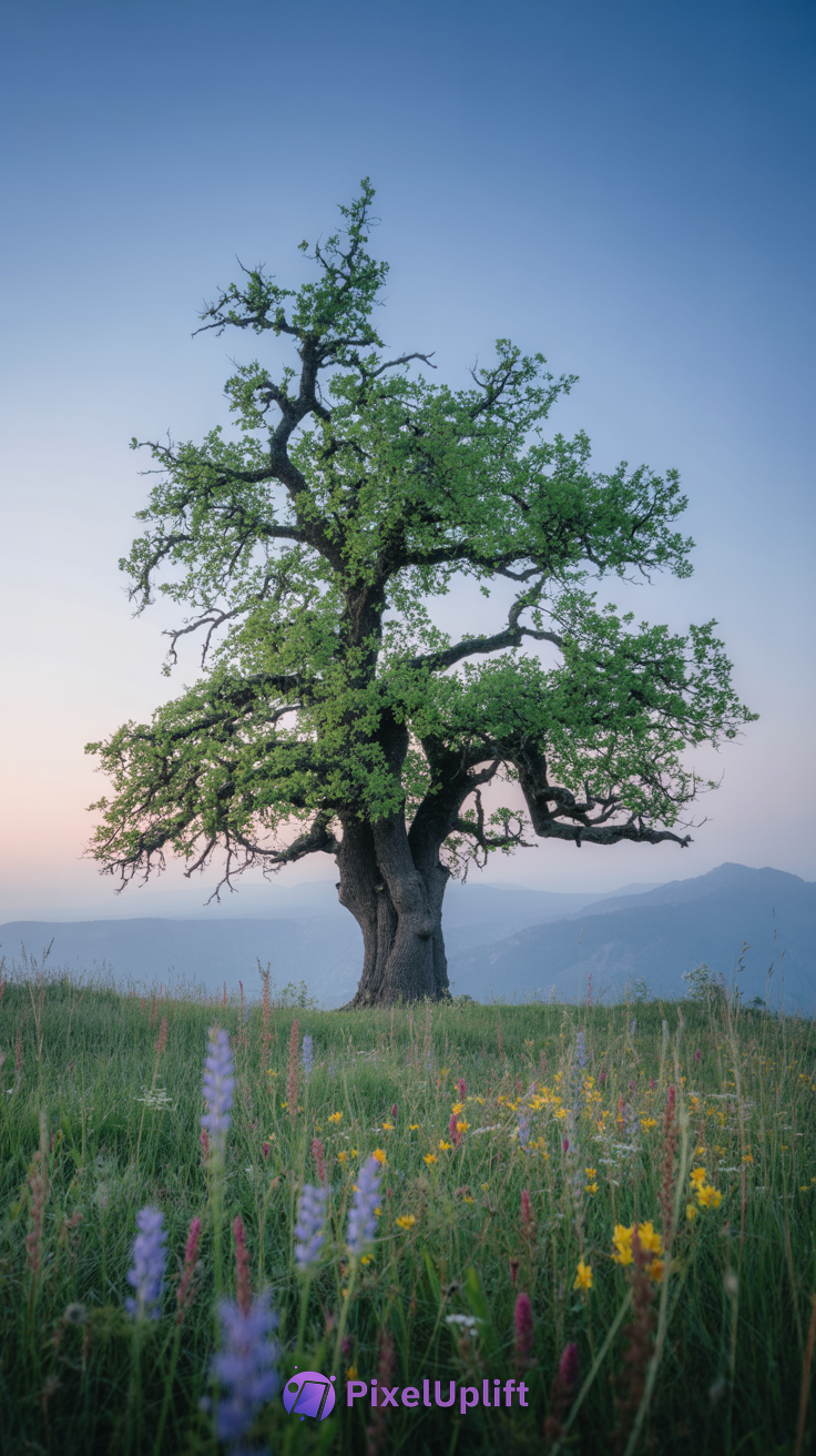 Solitary large tree with gnarled trunk in a grassy field of colorful wildflowers under a clear pink and blue sky
