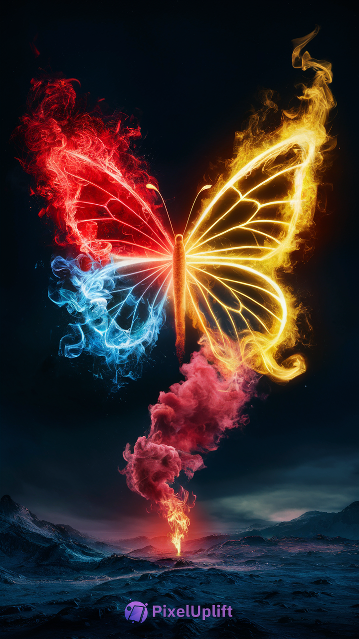 Surreal vibrant fiery butterfly phone wallpaper with glowing red, yellow, and orange wings rising from volcanic flames against dark night mountains