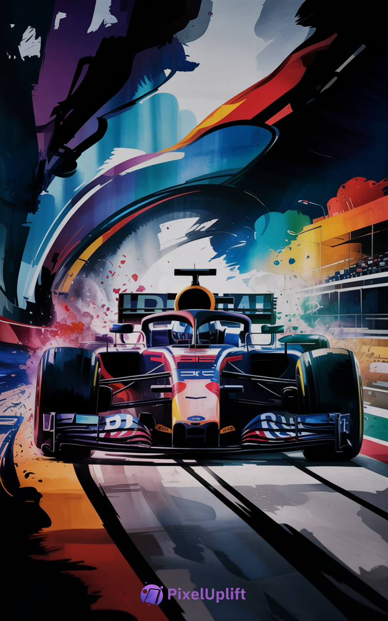 Vibrant Formula 1 race car speeding down a track with colorful abstract background