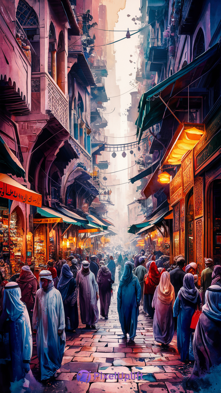 Vibrant Middle Eastern street market at night with warm glowing lanterns and traditional architecture, perfect for phone wallpaper