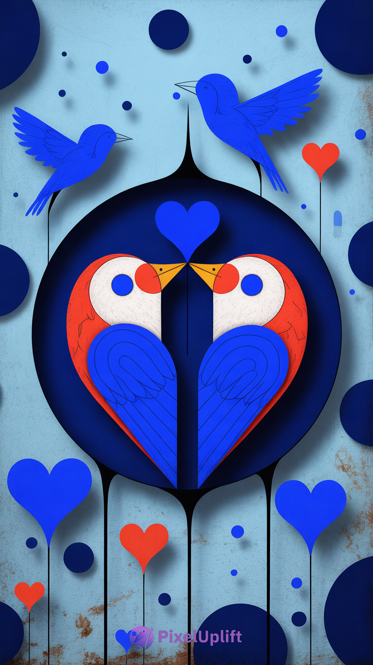 Abstract phone wallpaper with symmetrical design of red, white, and blue birds forming a heart shape surrounded by floating hearts and circles on a light blue background