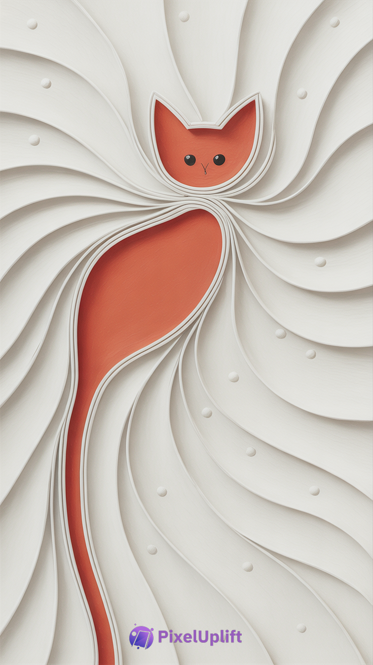 Abstract stylized cat in reddish-orange with minimalist features on a layered wavy white background phone wallpaper