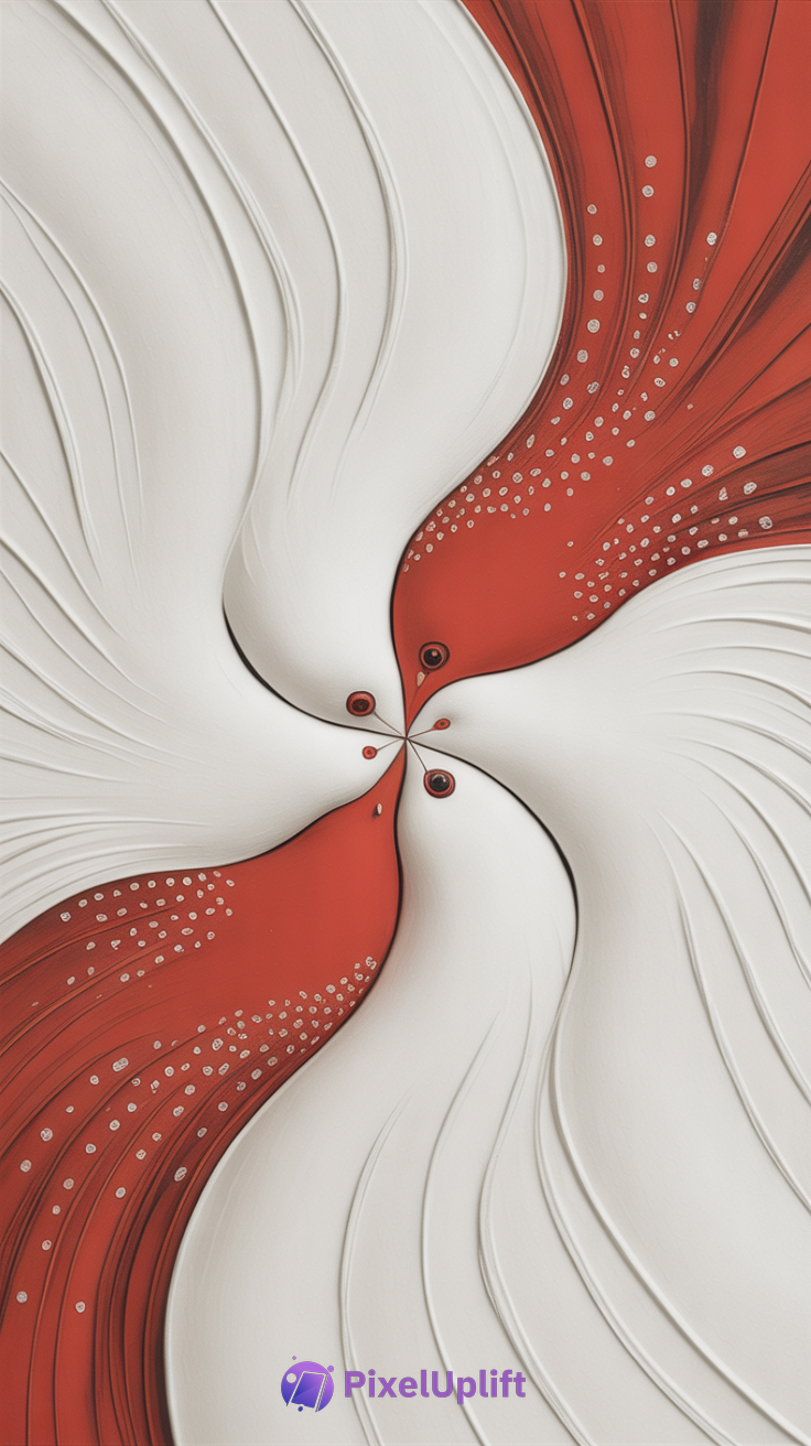 Abstract symmetrical phone wallpaper showing two stylized red and white birds facing each other with circular black eyes on a white textured background