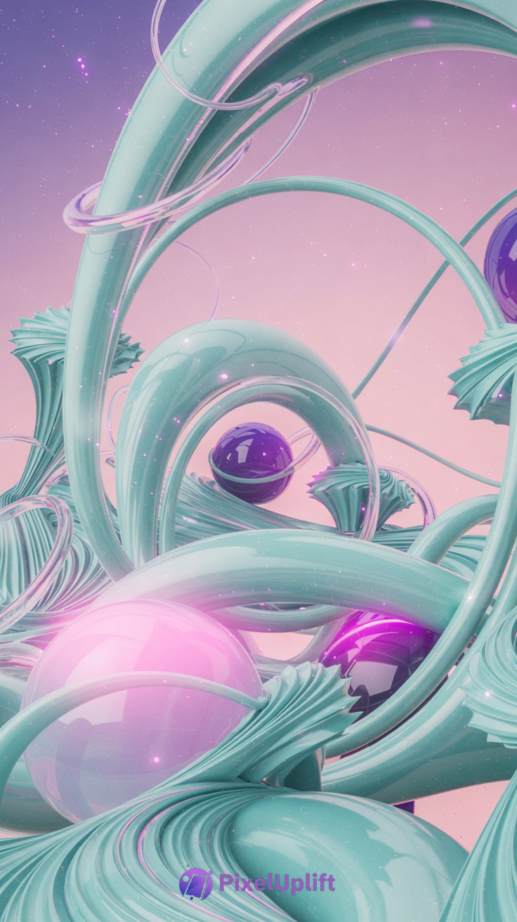 Surreal abstract phone wallpaper with glossy teal tubes twisting around pink and purple shiny spheres on a pastel purple and pink gradient background