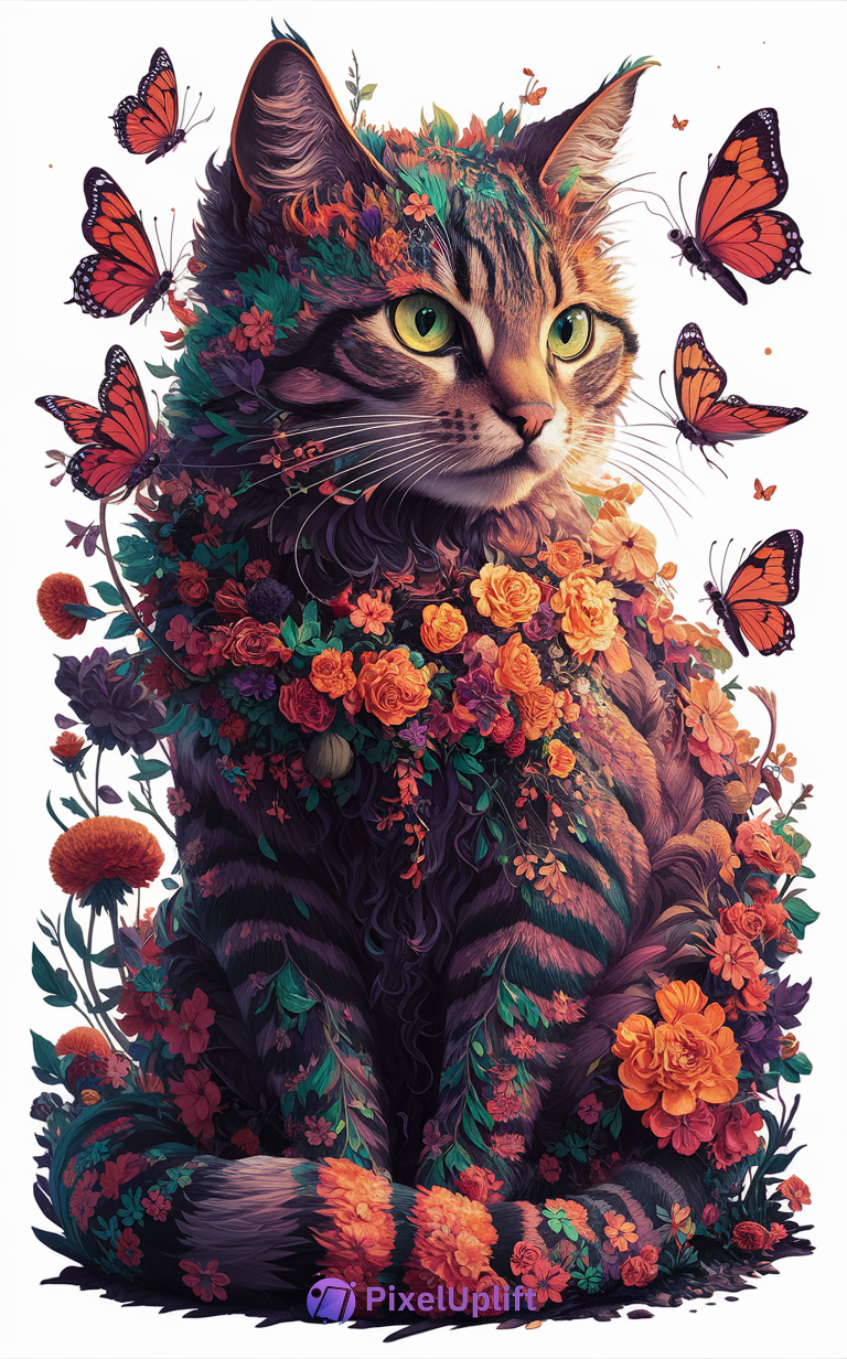 Artistic phone wallpaper of a cat with green eyes blended with colorful flowers and Monarch butterflies on white background