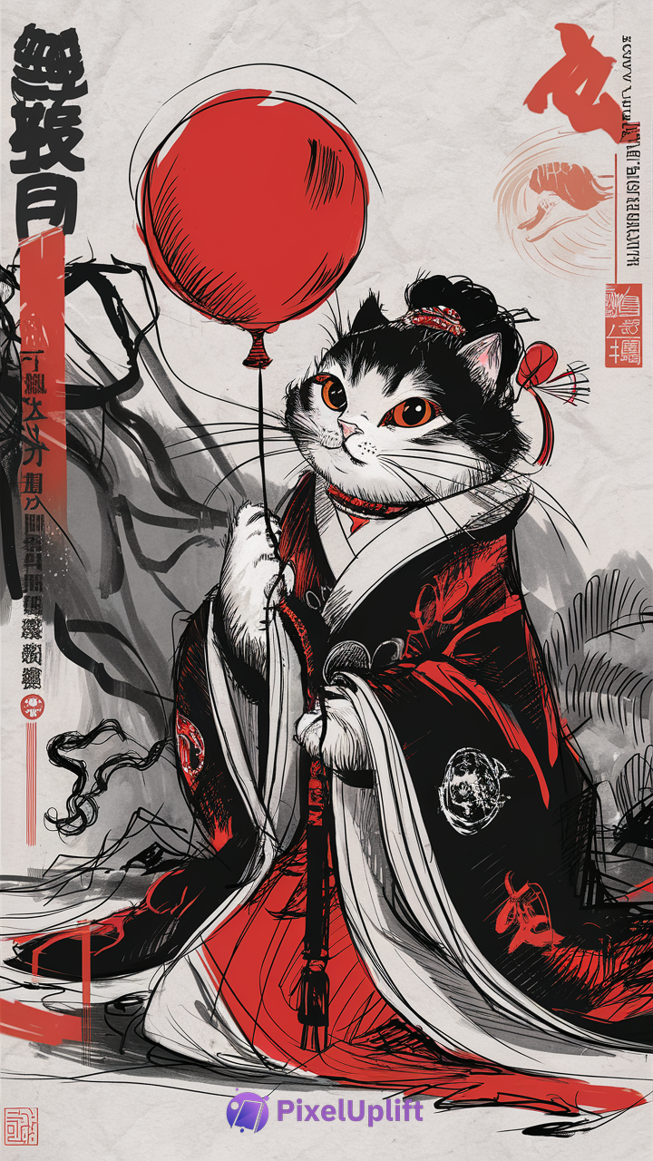 Artistic East Asian cat illustration holding a red balloon on a stick on a stylized phone wallpaper background