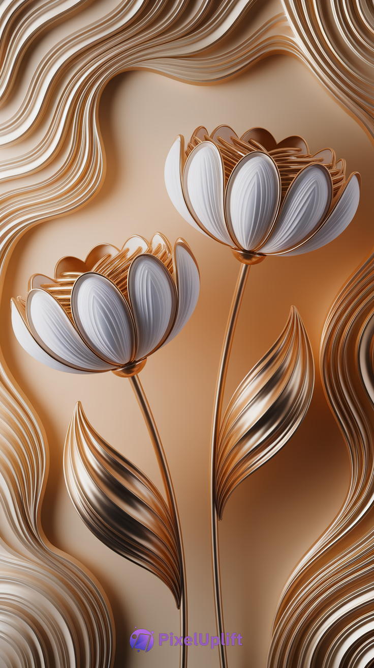 Artistic phone wallpaper showing two stylized flowers with long stems and bronze metallic finish on a warm golden abstract background