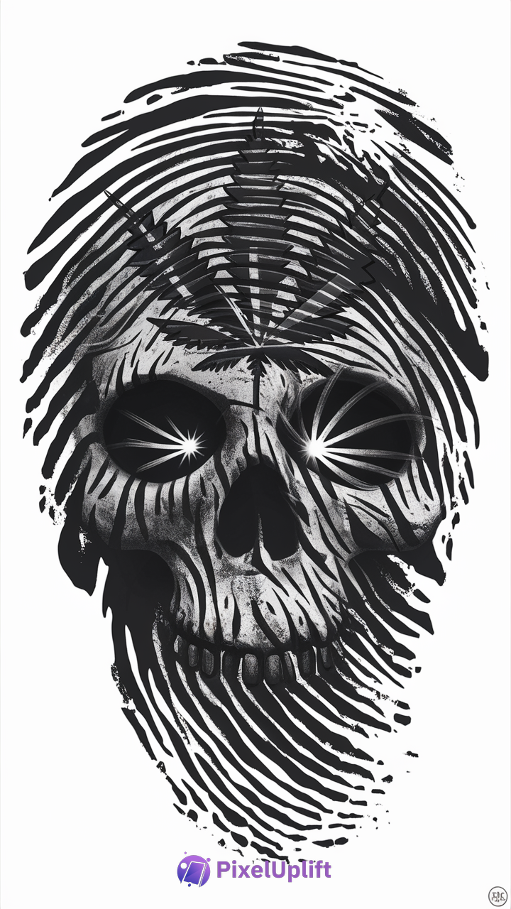 Artistic phone wallpaper showing a black and white fingerprint pattern with a skull and cannabis leaf integrated