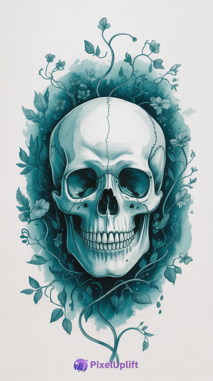 Artistic teal and white human skull surrounded by detailed flowers and leafy vines on a soft watercolor background phone wallpaper