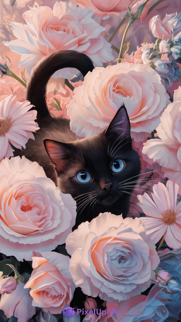 Black cat with striking blue eyes surrounded by soft pink and peach roses phone wallpaper