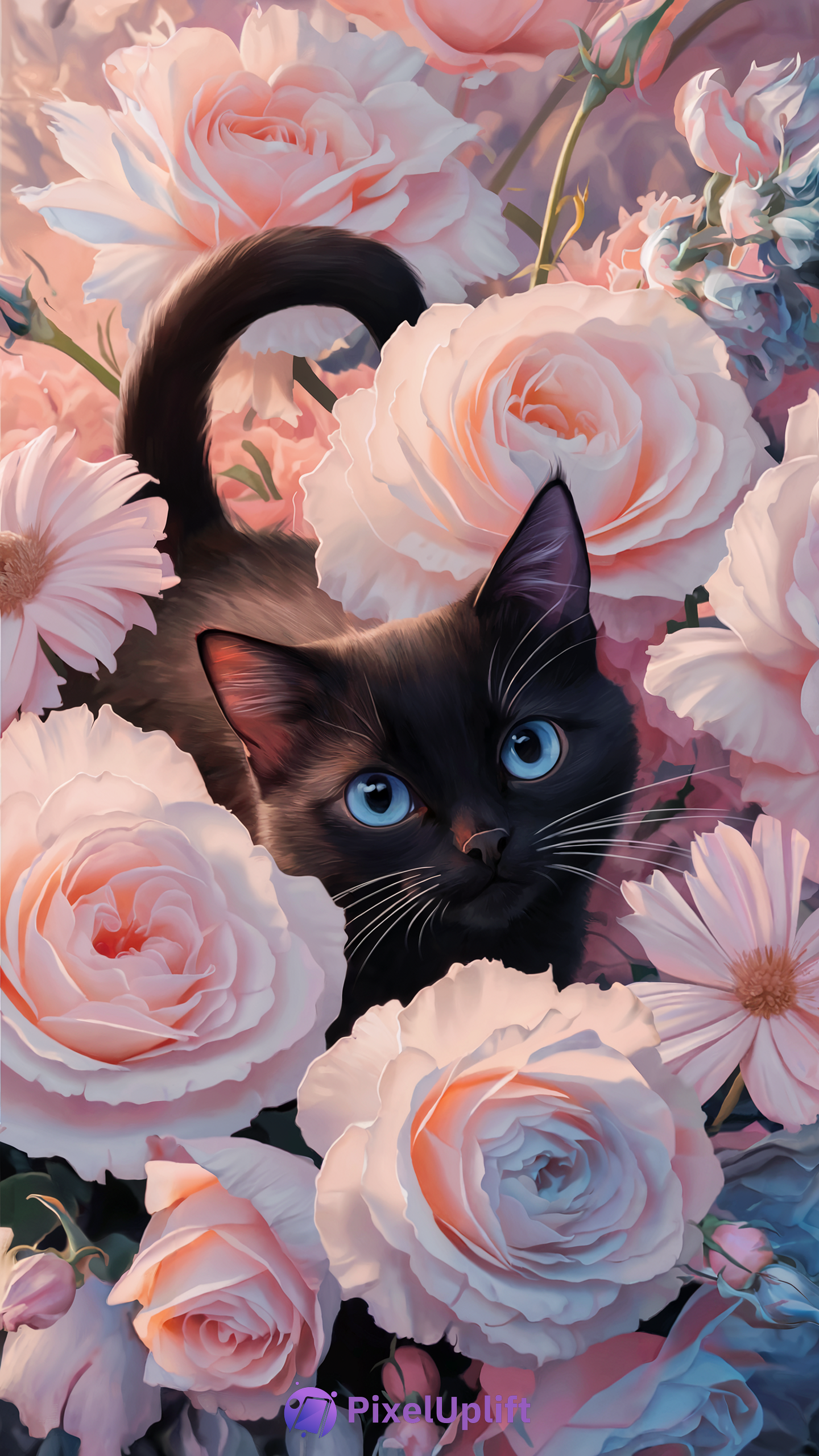 Black cat with striking blue eyes surrounded by soft pink and peach roses phone wallpaper