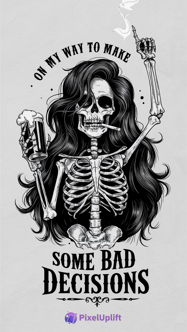 Stylized skeleton with long black hair holding beer mug and lit cigarette with smoke, bold dark phone wallpaper