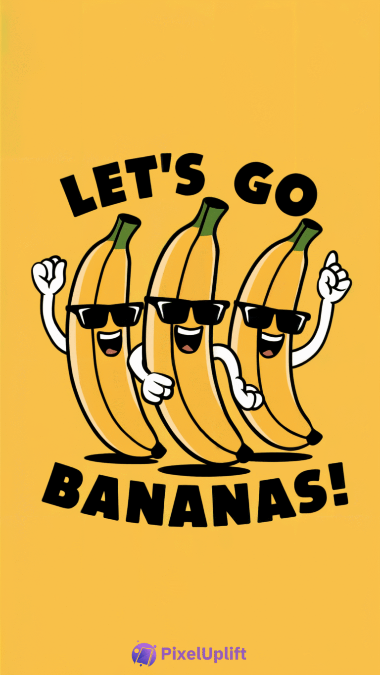 Three cartoon bananas wearing sunglasses on bright yellow background with LET'S GO BANANAS text