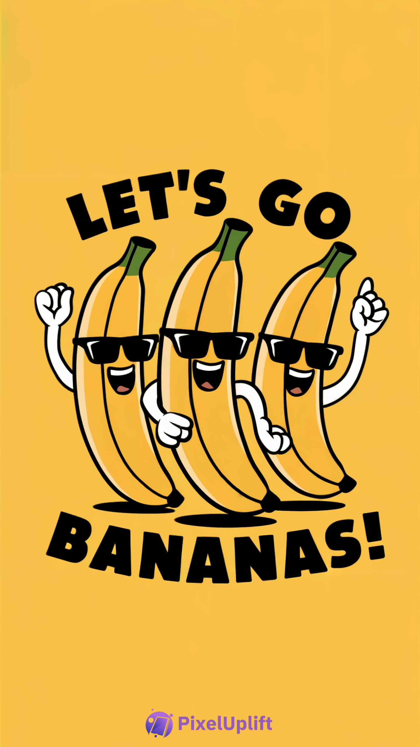 Three cartoon bananas wearing sunglasses on bright yellow background with LET'S GO BANANAS text