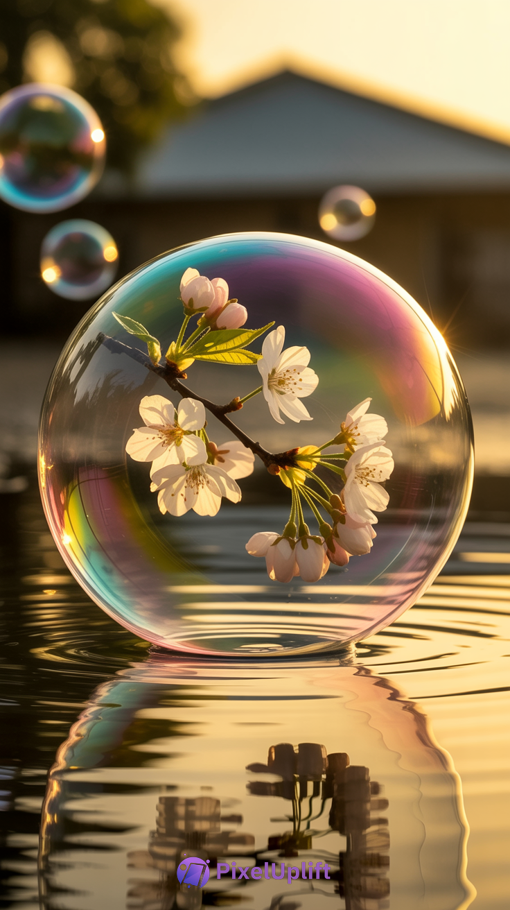 Close-up of cherry blossom branch inside a large iridescent soap bubble floating above water with golden sunset background and smaller bubbles