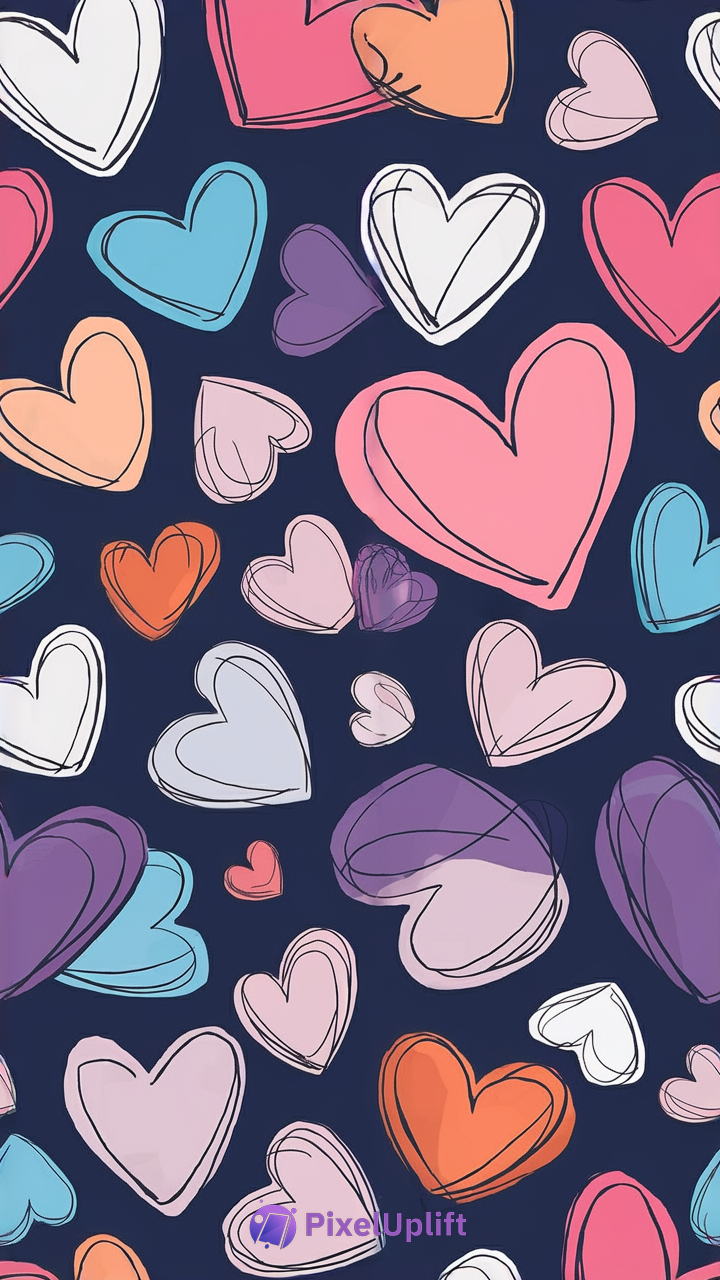 Phone wallpaper with colorful hand-drawn hearts scattered on a dark navy blue background
