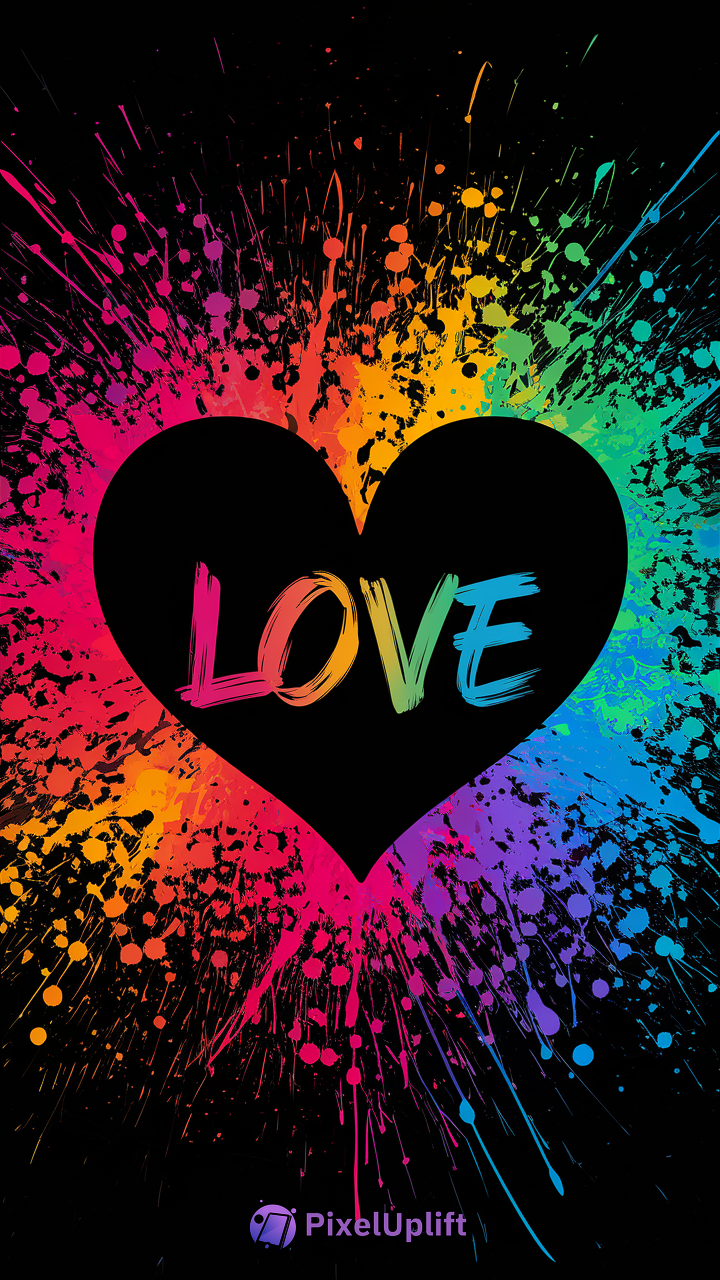 Black heart with the word LOVE in rainbow colors inside, surrounded by vibrant multicolored paint splatter on a black background phone wallpaper