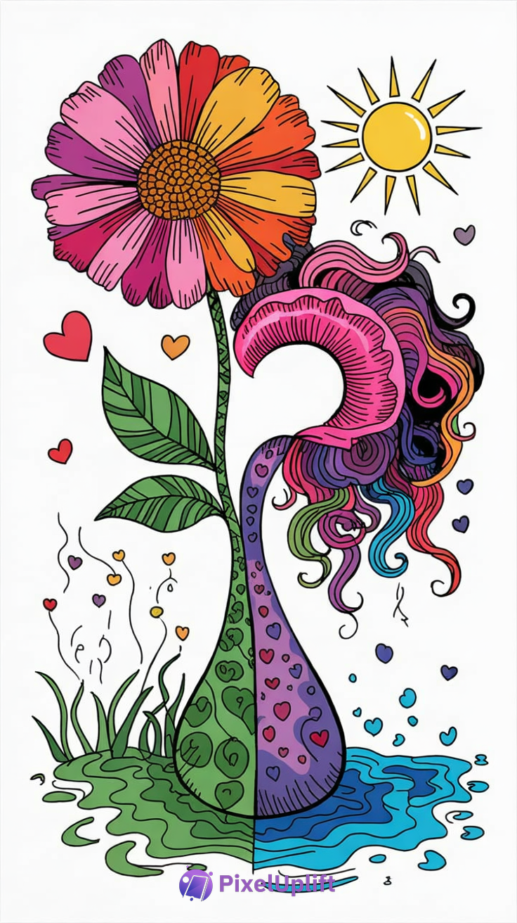 Colorful phone wallpaper split vertically with vibrant flower and sun on the left, and surreal abstract design with purple and pink vase and multicolored wavy tendrils on the right