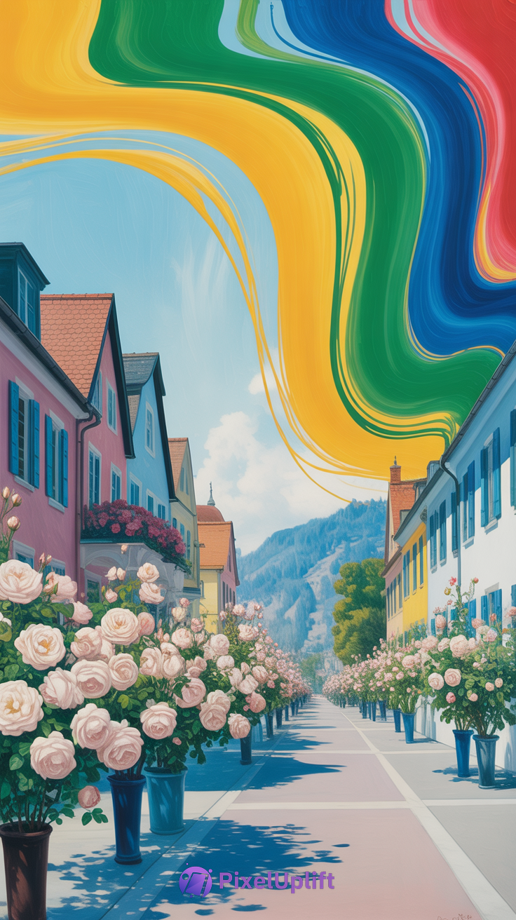 Phone wallpaper showing a picturesque street lined with blooming pink rose bushes and pastel-colored buildings under a vibrant, swirling colorful sky with distant mountains