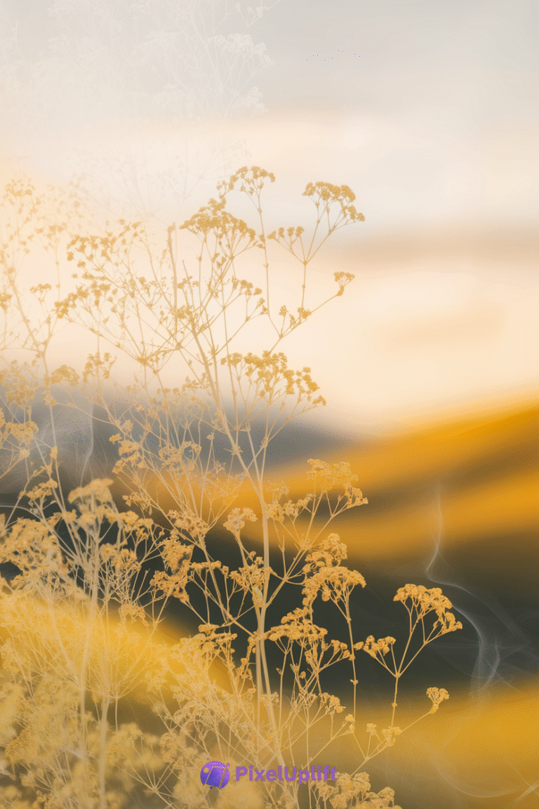 Phone wallpaper showing delicate dried wildflowers with thin stems and small blooms against a warm, blurred yellow-orange sunrise background